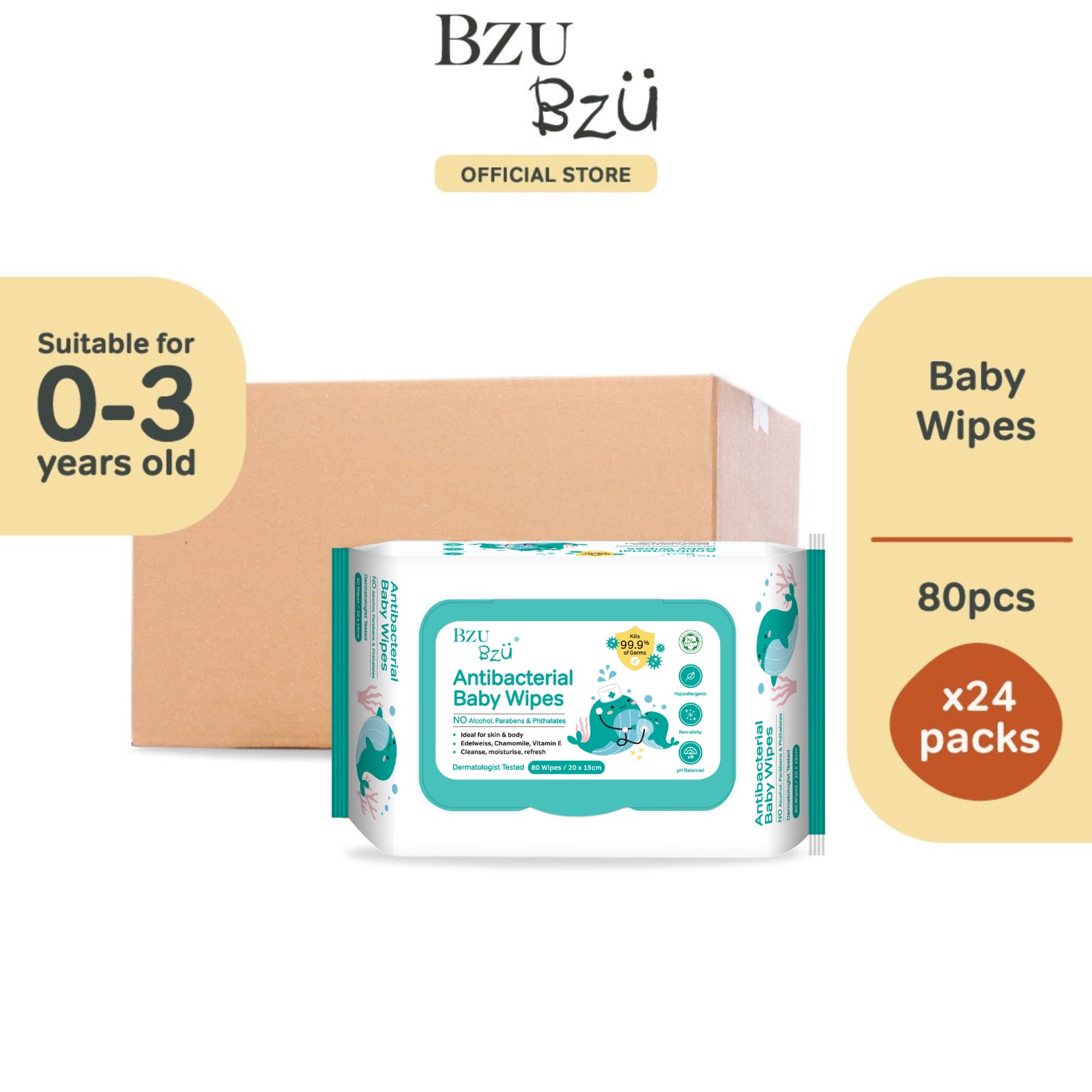 Bzu Bzu (Carton Deal Value Pack)Antibacterial Baby Wipes 80sx24